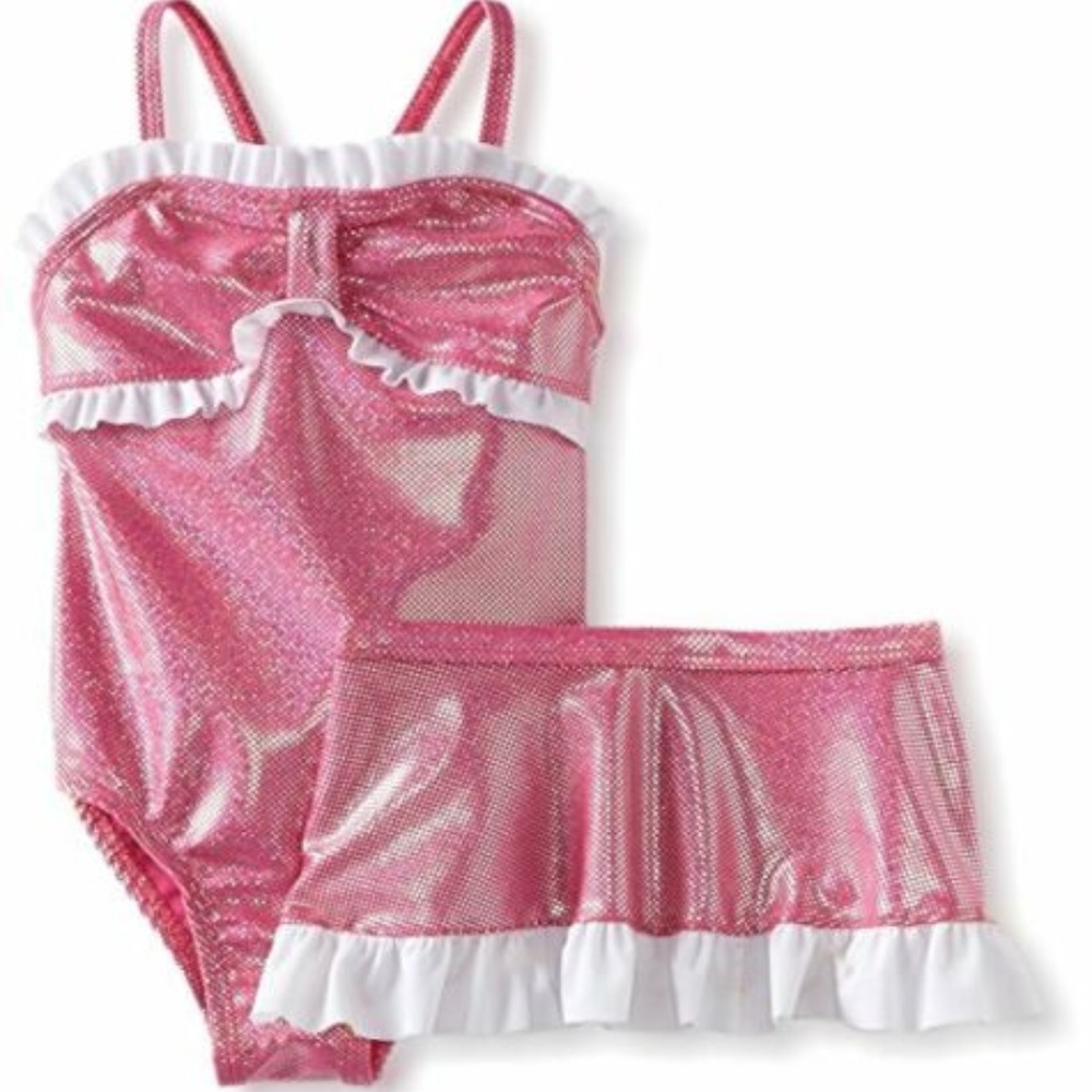 Baby Buns Girls 2T Pink One Piece Ruffle Swimsuit with Coverup Skirt Set NWT